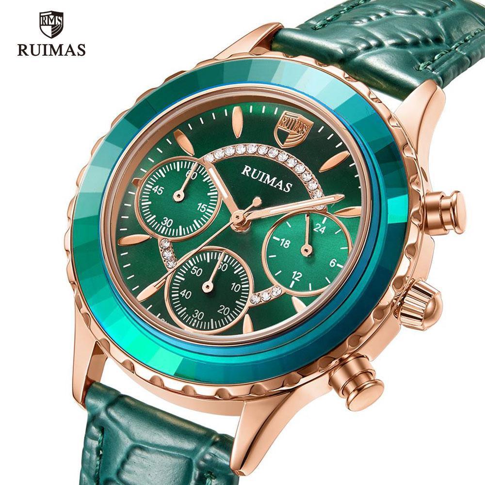 Montres de luxe vertes pour femmes, mouvement à quartz, bracelet en cuir à la mode, étanches, multifonctionnelles, pour femmes