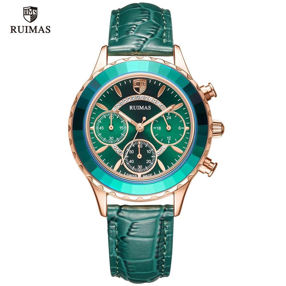 Montres de luxe vertes pour femmes, mouvement à quartz, bracelet en cuir à la mode, étanches, multifonctionnelles, pour femmes