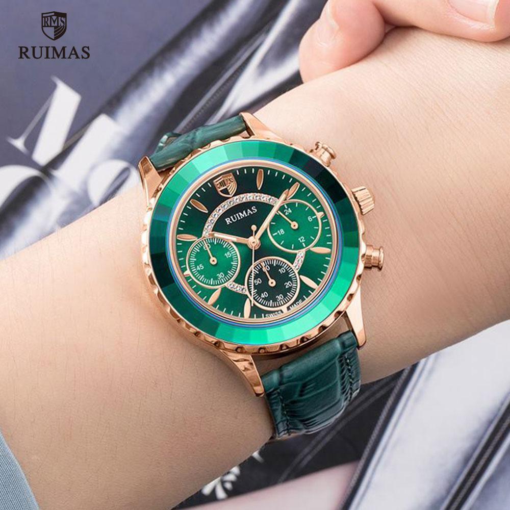 Montres de luxe vertes pour femmes, mouvement à quartz, bracelet en cuir à la mode, étanches, multifonctionnelles, pour femmes