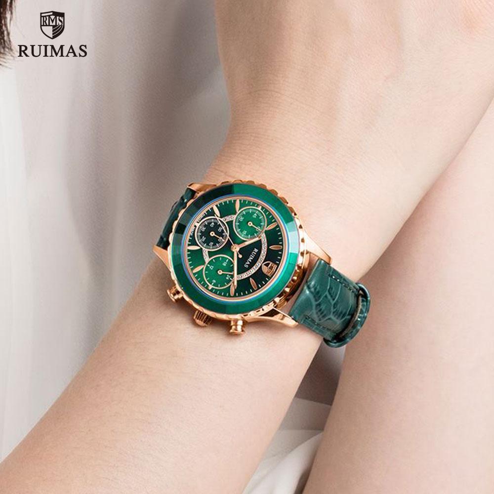 Montres de luxe vertes pour femmes, mouvement à quartz, bracelet en cuir à la mode, étanches, multifonctionnelles, pour femmes