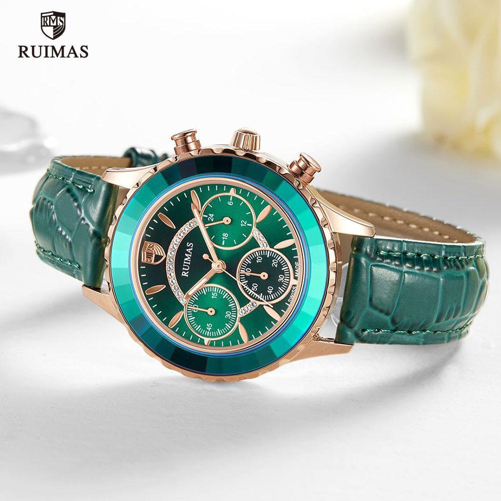 Montres de luxe vertes pour femmes, mouvement à quartz, bracelet en cuir à la mode, étanches, multifonctionnelles, pour femmes