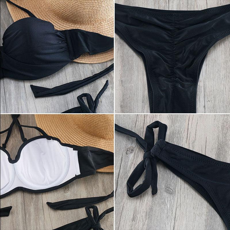 Ensemble de bikinis solides à lanières, maillot de bain push-up blanc, maillot de bain pour femme, bas de bikini côtelé à nouer, maillot de bain string ajustable à lacets pour femme
