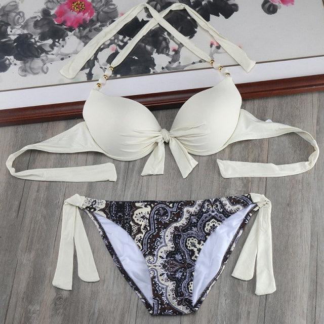 Ensemble de bikinis solides à lanières, maillot de bain push-up blanc, maillot de bain pour femme, bas de bikini côtelé à nouer, maillot de bain string ajustable à lacets pour femme