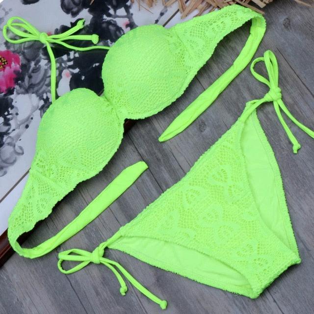 Ensemble de bikinis solides à lanières, maillot de bain push-up blanc, maillot de bain pour femme, bas de bikini côtelé à nouer, maillot de bain string ajustable à lacets pour femme