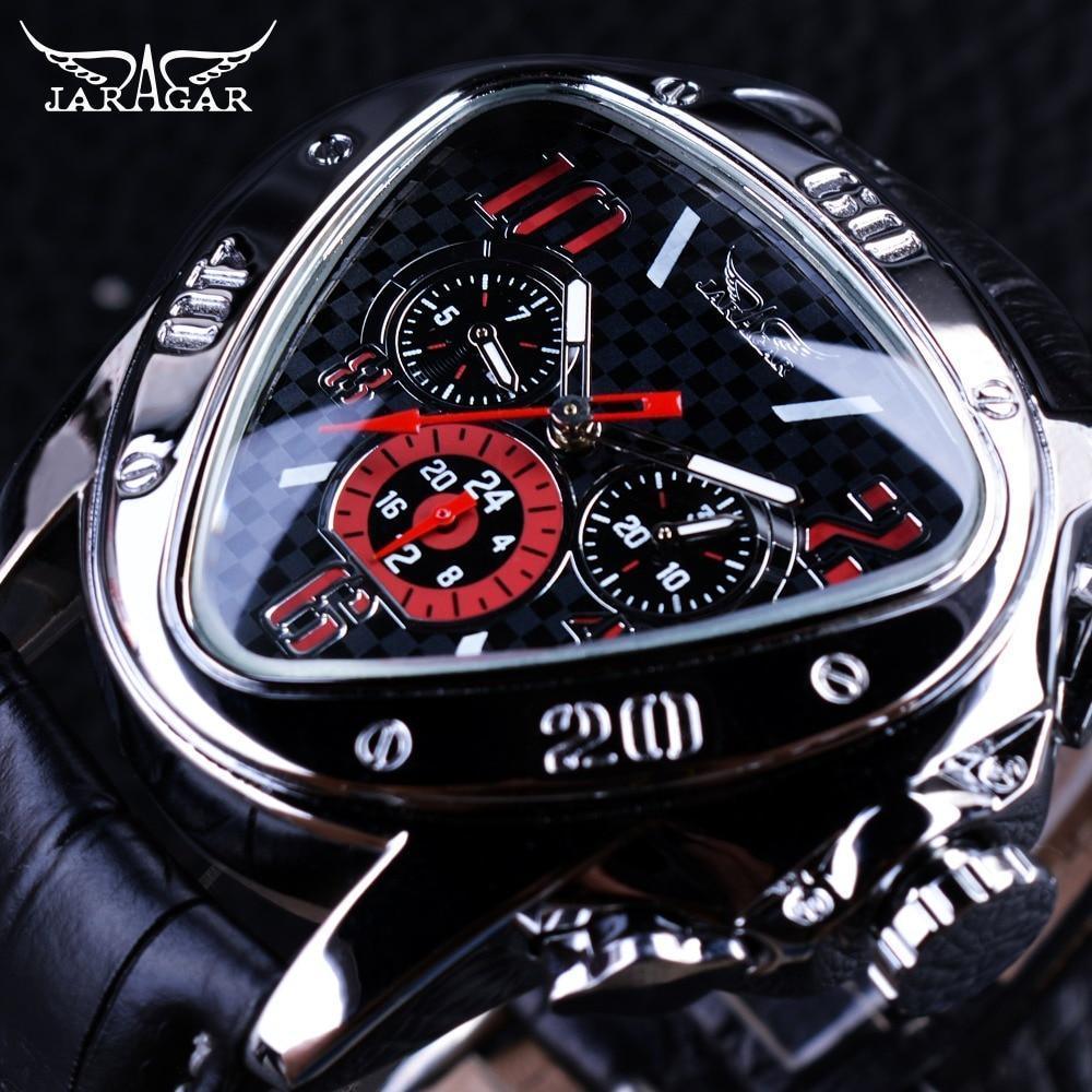 Montre-bracelet homme élégante, sport, forme triangulaire, de luxe, style course automobile, design moderne, bracelet en cuir noir classique.