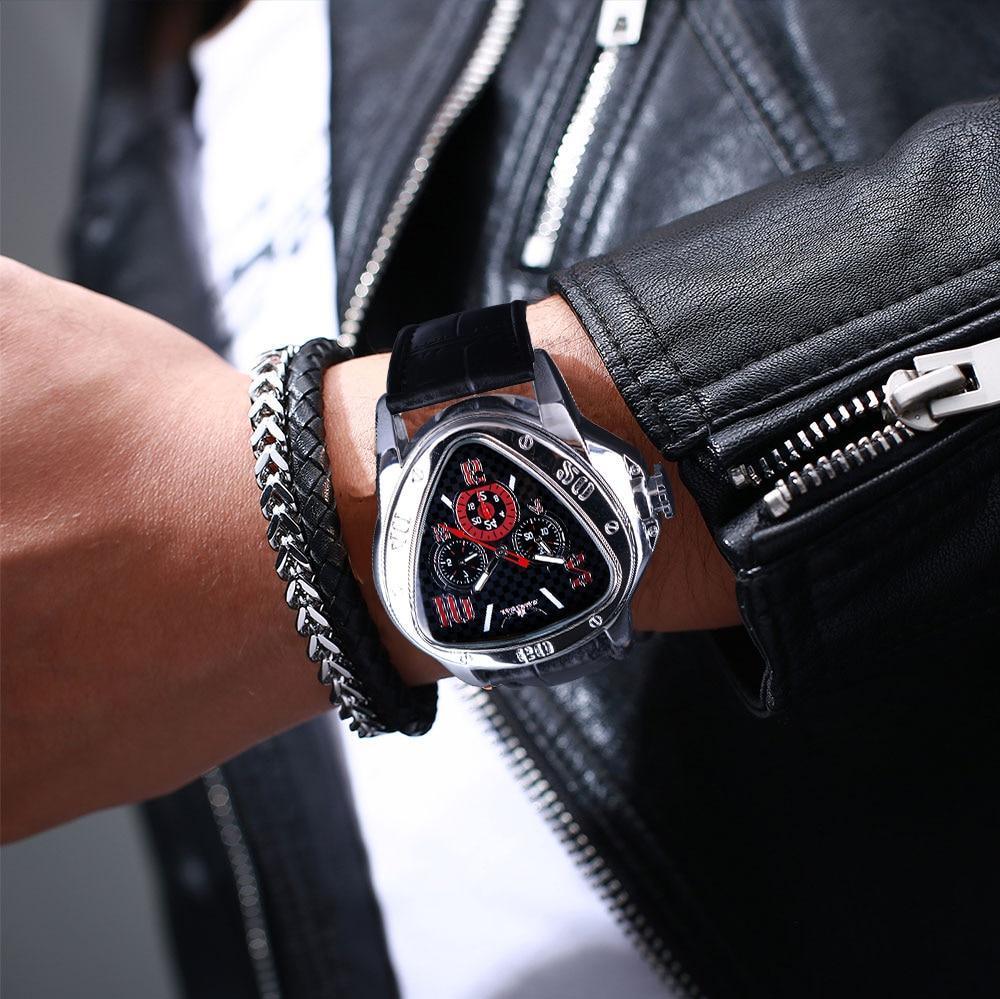 Montre-bracelet homme élégante, sport, forme triangulaire, de luxe, style course automobile, design moderne, bracelet en cuir noir classique.