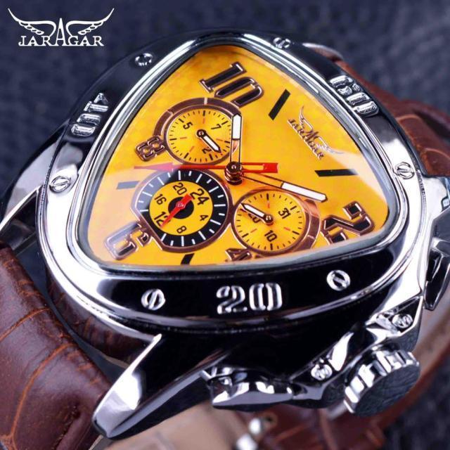 Montre-bracelet homme élégante, sport, forme triangulaire, de luxe, style course automobile, design moderne, bracelet en cuir noir classique.