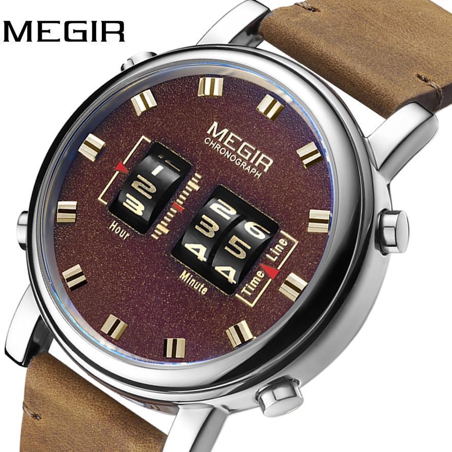 Nouvelles Montres Sport Militaires Luxe Bracelet en Cuir Marron Montre-Bracelet à Quartz Montre à Rouleau Élégante pour Hommes
