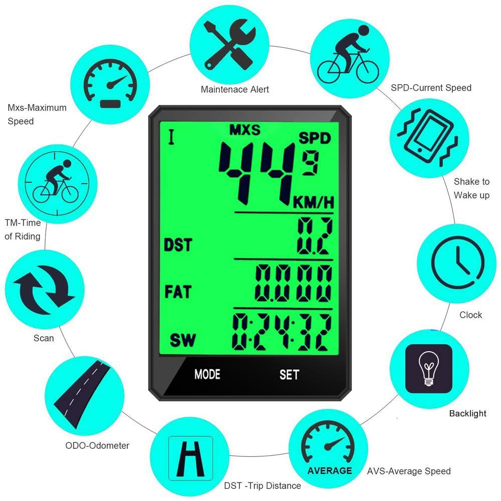 Compteur de vélo étanche sans fil et filaire Odomètre de cyclisme Compteur de vitesse de vélo avec écran LCD 20 fonctions et réveil automatique