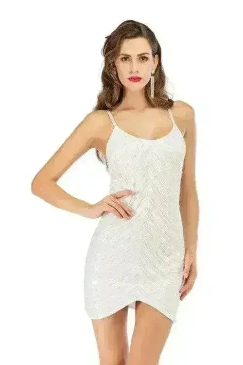 Robe à sequins, jupe à sequins extensible, dos ouvert, fines bretelles perlées