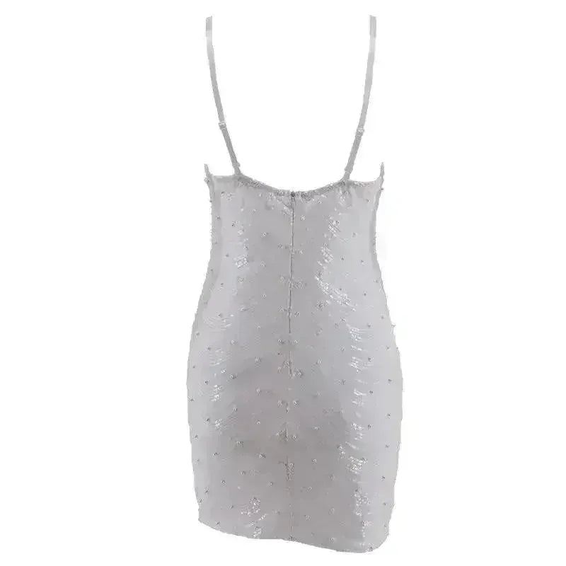 Robe à sequins, jupe à sequins extensible, dos ouvert, fines bretelles perlées