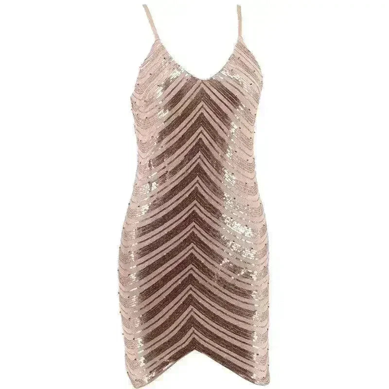 Robe à sequins, jupe à sequins extensible, dos ouvert, fines bretelles perlées