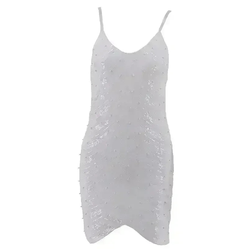 Robe à sequins, jupe à sequins extensible, dos ouvert, fines bretelles perlées