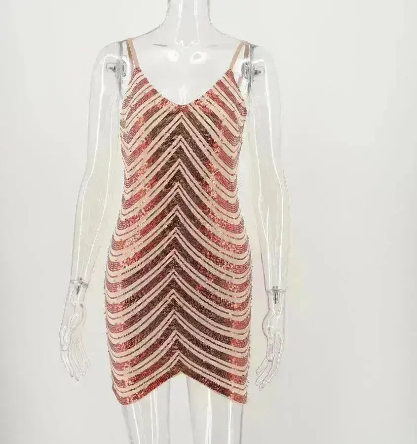 Robe à sequins, jupe à sequins extensible, dos ouvert, fines bretelles perlées