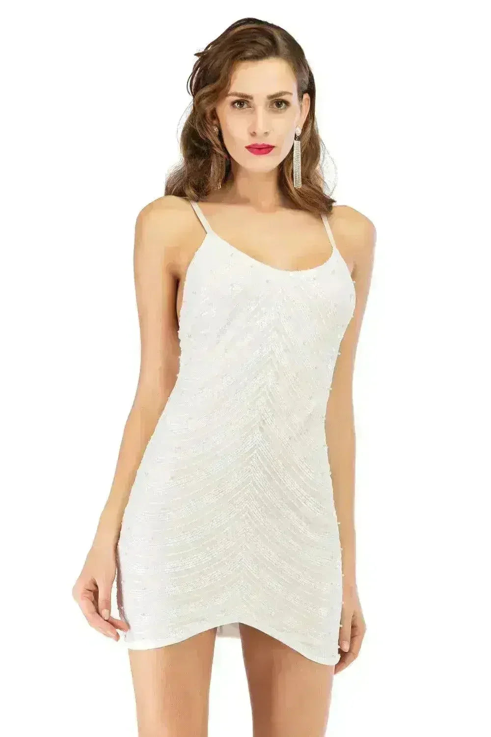 Robe à sequins, jupe à sequins extensible, dos ouvert, fines bretelles perlées