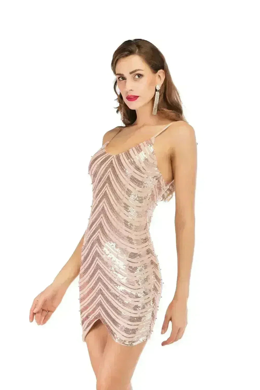 Robe à sequins, jupe à sequins extensible, dos ouvert, fines bretelles perlées