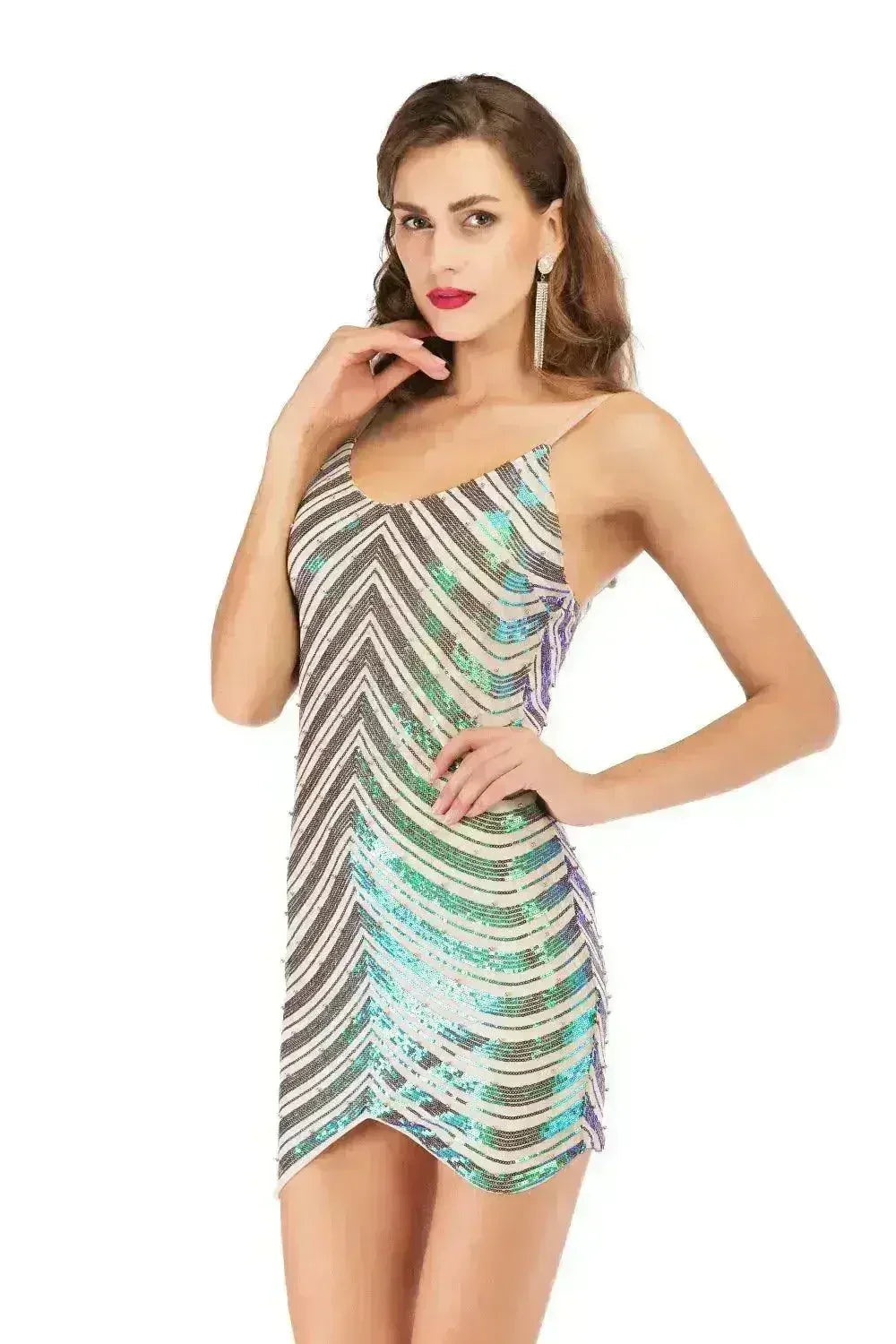 Robe à sequins, jupe à sequins extensible, dos ouvert, fines bretelles perlées