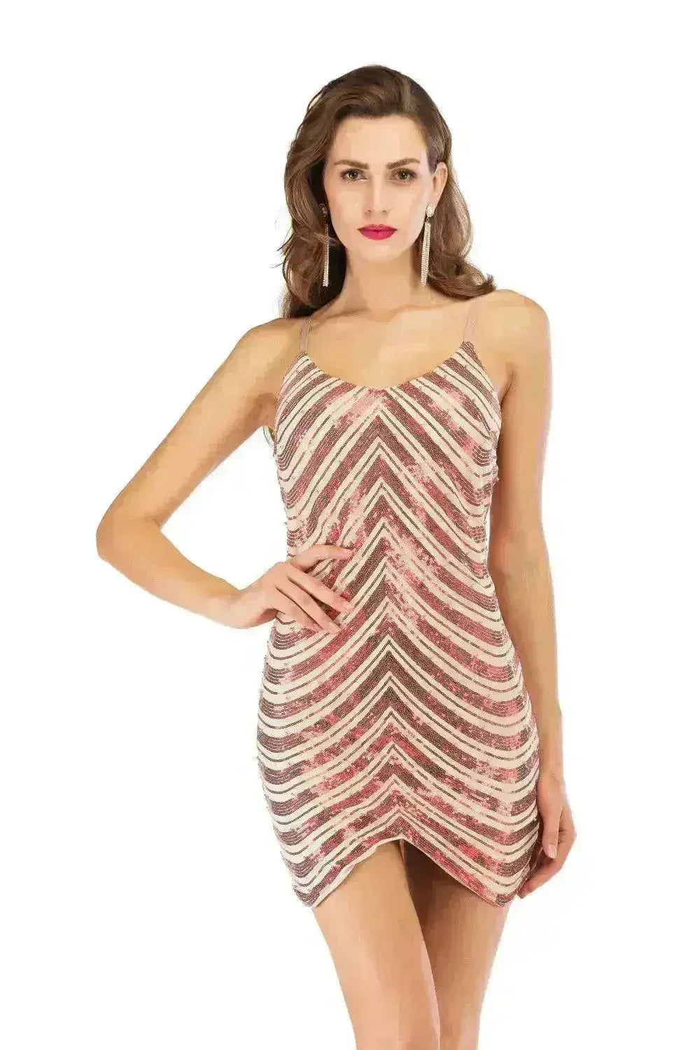 Robe à sequins, jupe à sequins extensible, dos ouvert, fines bretelles perlées