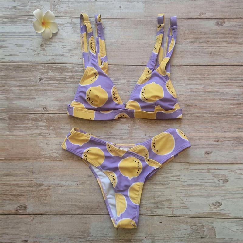 Maillot de bain deux pièces élégant pour femme, bikini triangle avec col licou et rembourrage push-up, imprimé léopard ou citron, à nouer, pour l'été