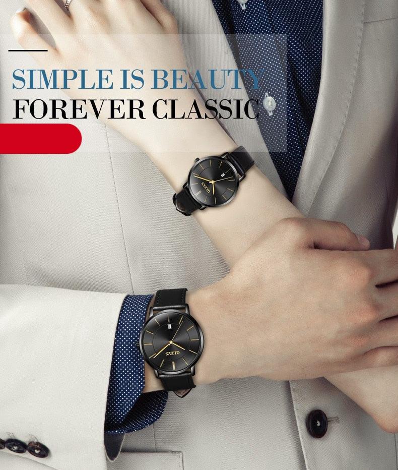 Montre Couple Populaire Décontractée à Quartz Femme Homme Montre Horloge Garçons Filles Ultra Mince Bracelet en Cuir Montre-bracelet Minimaliste Analogique Quartz Ultra Mince Montres Bracelet en Cuir Mode Décontractée Date Montre Étanche