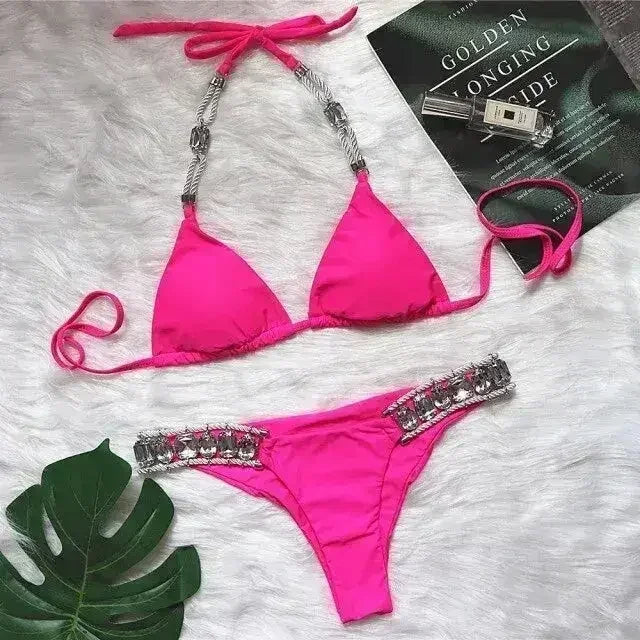 Bikini Sexy push-up Maillot de bain femme cristal Maillot de bain dos nu femme Nœud