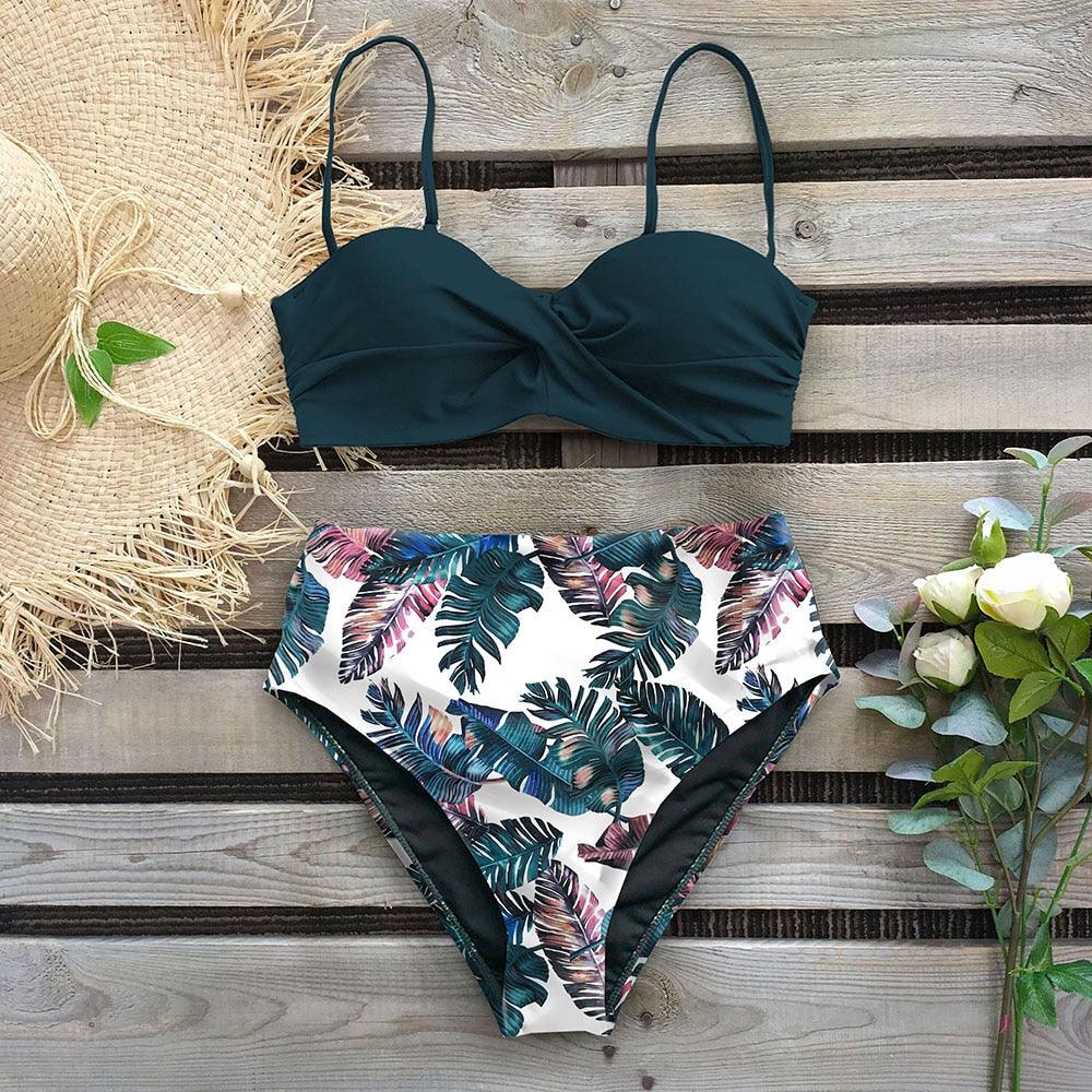 Ensemble bikini taille haute femme Bikini floral Maillot de bain femme Bikini taille haute Dos nu Maillot de bain deux pièces Gainant Maillot de bain push-up Maillot de bain vintage à col licou Femme Maillot de bain vert