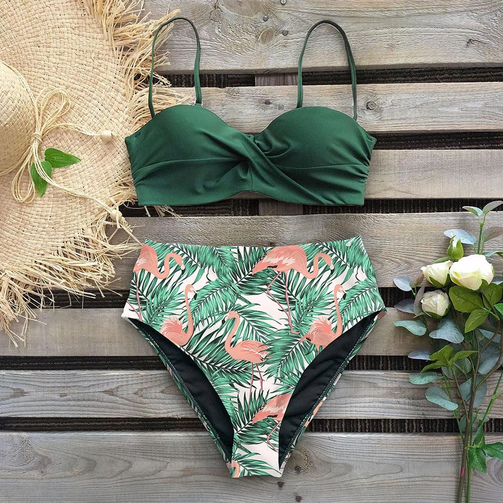 Ensemble bikini taille haute femme Bikini floral Maillot de bain femme Bikini taille haute Dos nu Maillot de bain deux pièces Gainant Maillot de bain push-up Maillot de bain vintage à col licou Femme Maillot de bain vert