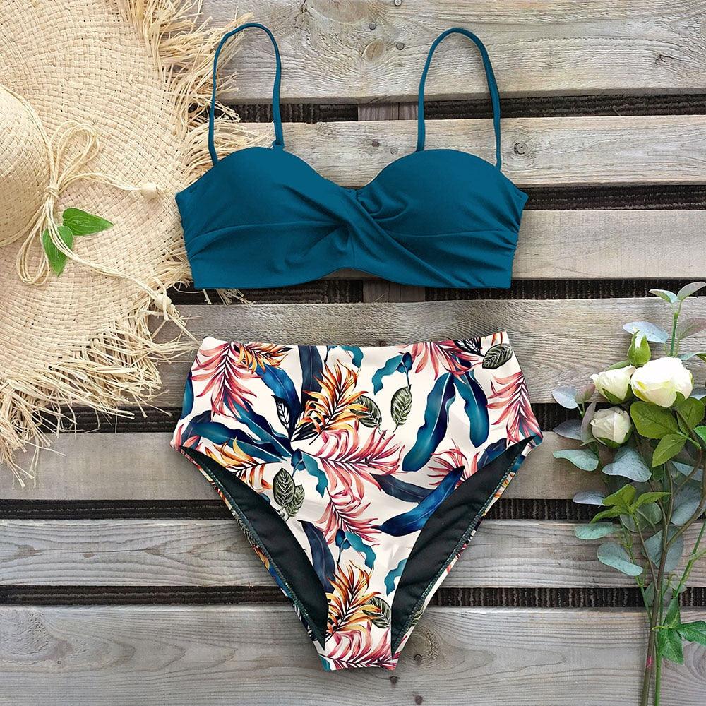 Ensemble bikini taille haute femme Bikini floral Maillot de bain femme Bikini taille haute Dos nu Maillot de bain deux pièces Gainant Maillot de bain push-up Maillot de bain vintage à col licou Femme Maillot de bain vert