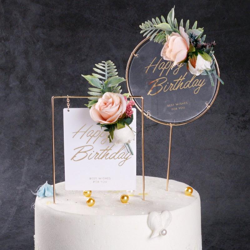 1pcs Décoration de gâteau d'anniversaire en métal Joyeux Anniversaire, Décoration de gâteau en métal et acrylique avec grappe de fleurs artificielles roses pour décoration de fête prénatale, d'anniversaire et de pâtisserie.