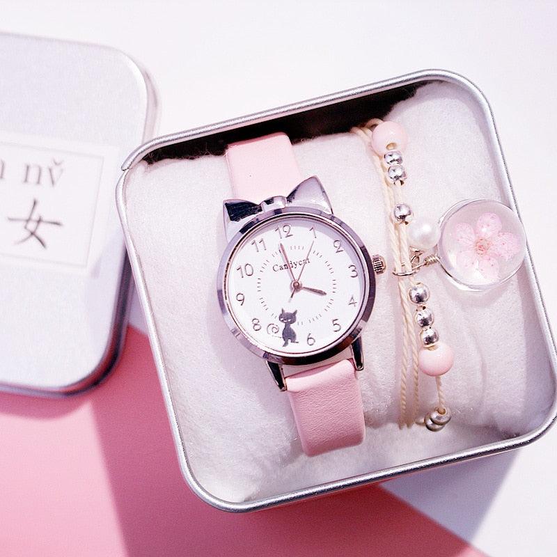 Ensemble de montres charmantes pour femmes, bracelet en cuir rose, montre étudiante, montre pour enfants avec bracelet en cuir motif chat noir et cadran rond, montres à quartz pour femmes, cadran chat avec montre à quartz à cadran en acier inoxydable