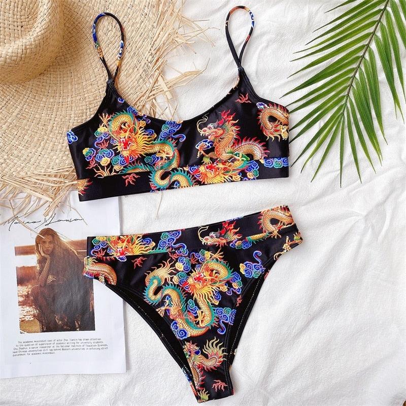 Maillot de bain bikini taille haute bleu moderne push-up femme ensemble bikini imprimé dragon maillot de bain rétro femme maillots de bain bikini taille haute push-up torsadé deux pièces maillots de bain gainants