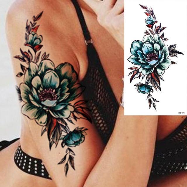 25 feuilles de tatouages éphémères de luxe Fleurs et roses imperméables, autocollants 3D Tatouages de roses pour le corps, faux tatouages pour femmes