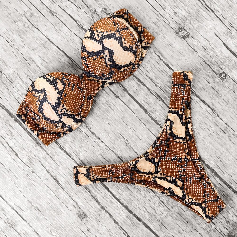 Maillot de bain bikini léopard imprimé animal push-up pour femmes, ensemble bikini, maillot de bain bandeau de plage, maillot de bain pour femmes, ensembles bikini deux pièces décontractés à imprimé léopard, taille haute, triangle
