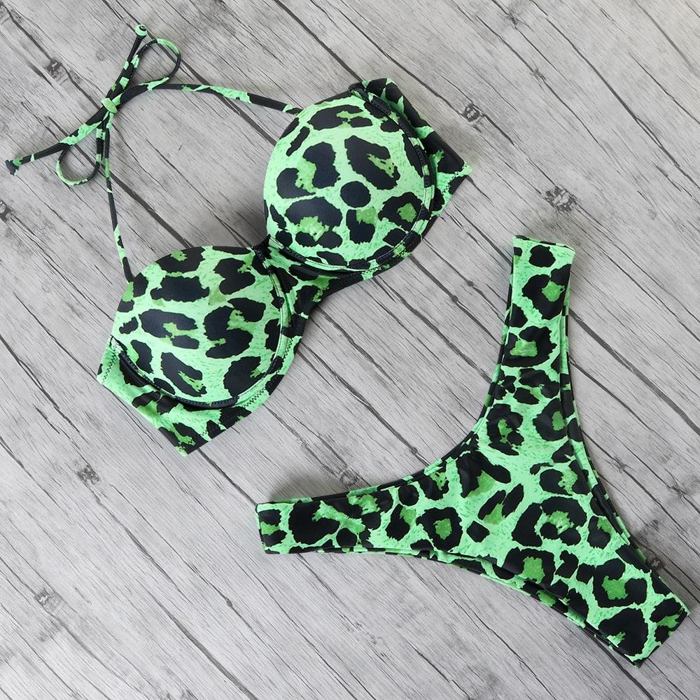 Maillot de bain bikini léopard imprimé animal push-up pour femmes, ensemble bikini, maillot de bain bandeau de plage, maillot de bain pour femmes, ensembles bikini deux pièces décontractés à imprimé léopard, taille haute, triangle
