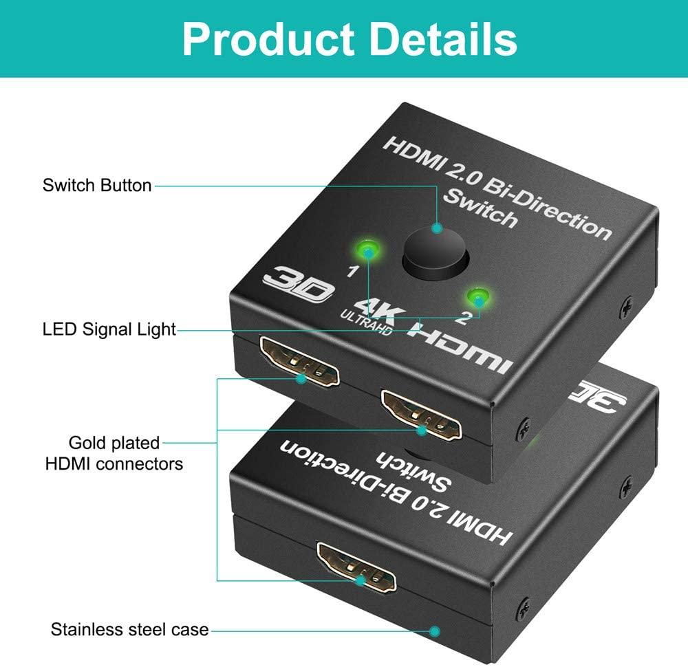 Commutateur Répartiteur HDMI 4K 2 Ports, Commutateur HDMI Bidirectionnel 2 Ports, Sélecteur d'Affichage, Prise en Charge Ultra HD 4K 1080P 3D HDR pour HDTV Gaming