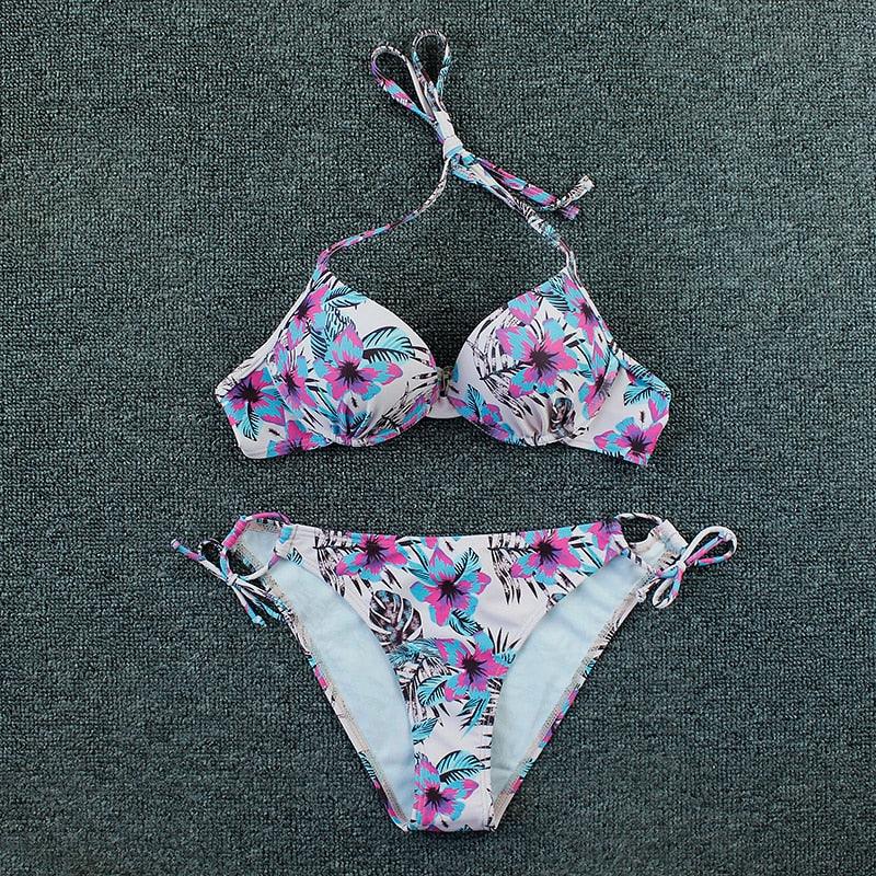 Maillot de bain bikini push-up imprimé floral pour femme - Ensemble de bikinis brésiliens - Vêtements de plage pour femme - Maillots de bain bikini imprimés floraux 2 pièces