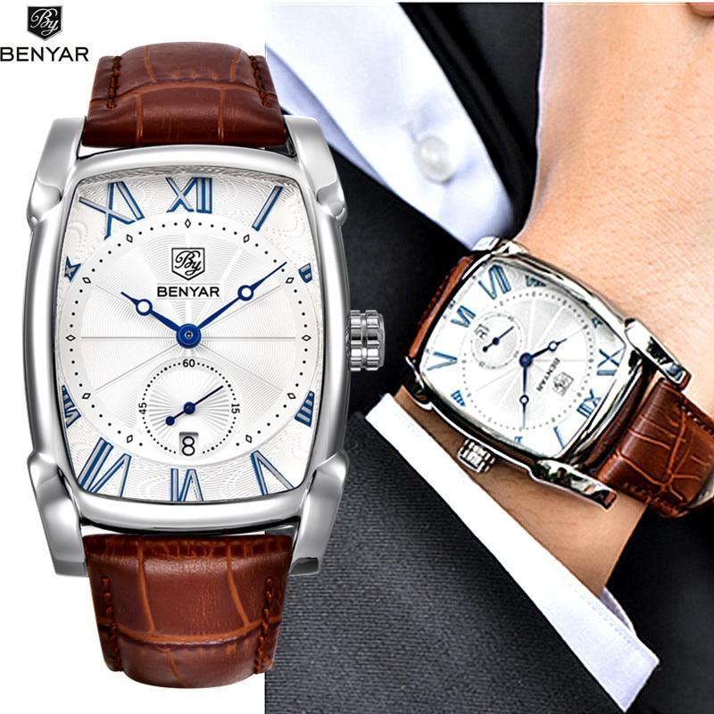 Montre de luxe pour homme, bracelet en cuir marron décontracté, étanche, classique, rectangulaire, carrée