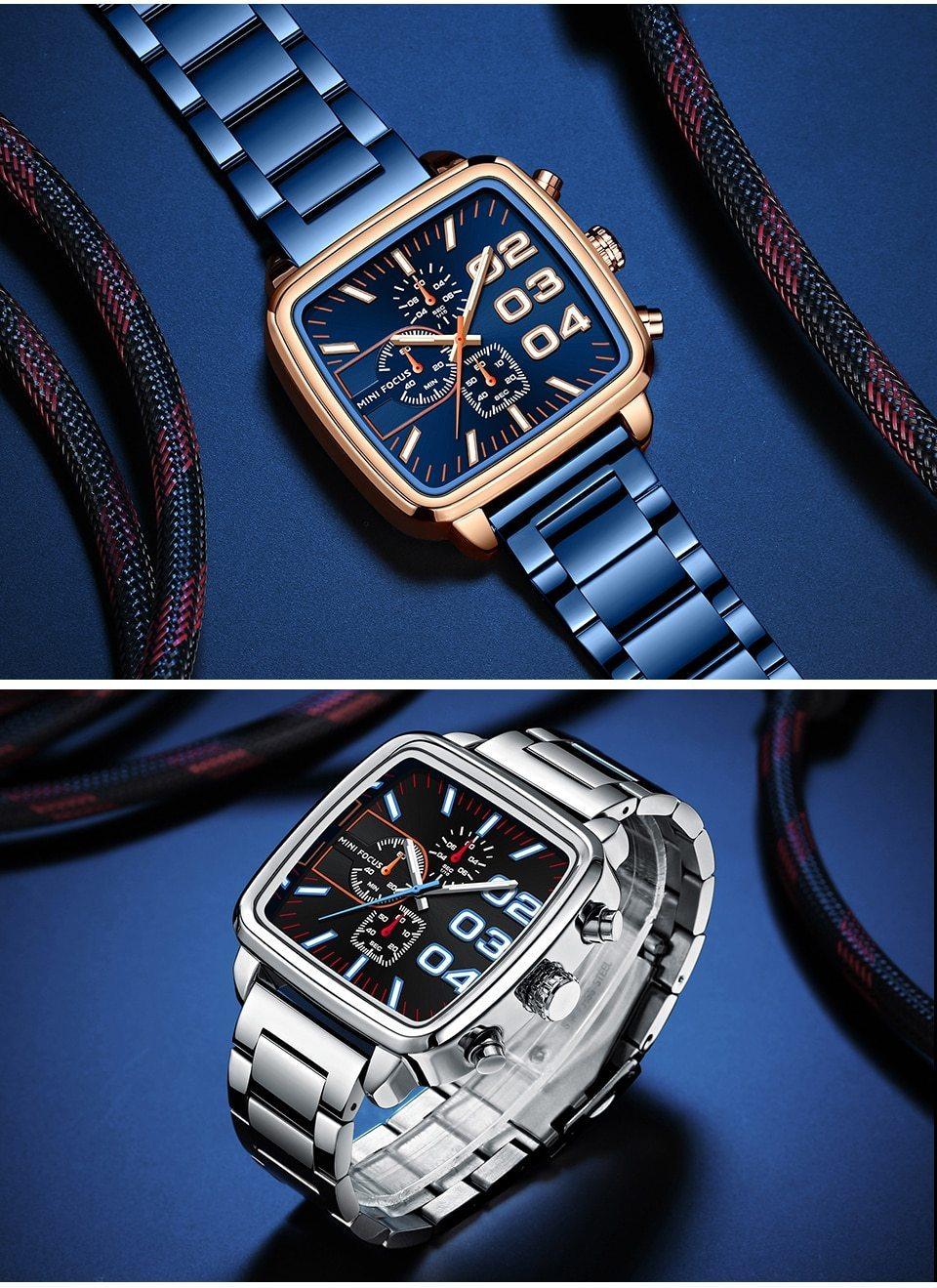 Montre carrée élégante pour homme, multifonctionnelle, étanche, en acier inoxydable, grand bracelet