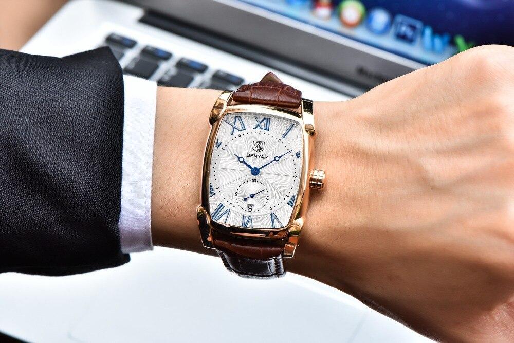 Montre de luxe pour homme, bracelet en cuir marron décontracté, étanche, classique, rectangulaire, carrée