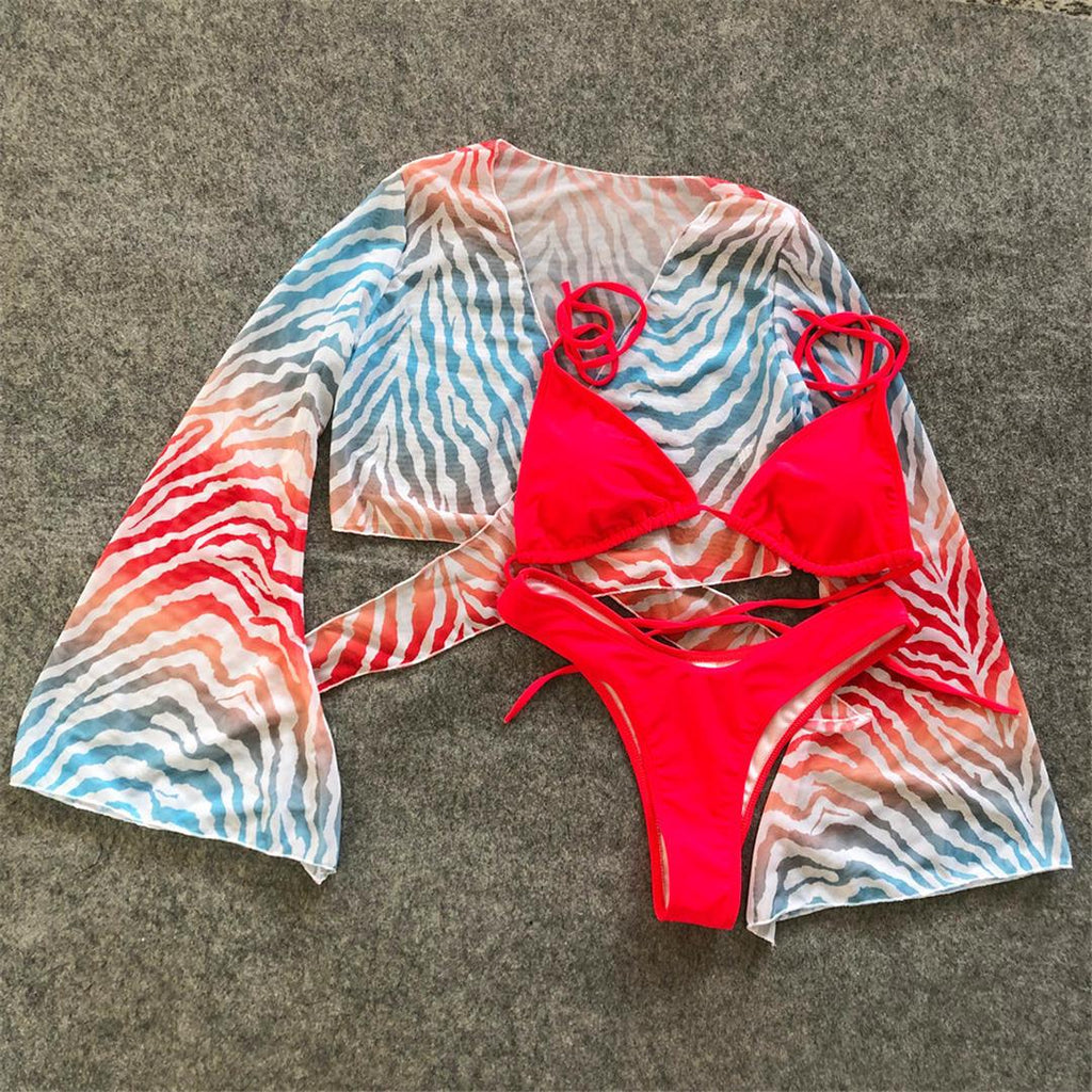 Nouvel Ensemble Bikini pour Femme 3 Pièces Nœud Avant Épaules Dénudées Cache-Maillot avec Ensembles Bikini Dos Nu Maillot de Bain Femme Maillot de Bain Femme Ensemble Bikini Trois Pièces Maillot de Bain Dos Nu Maillot de Bain Plage Femme