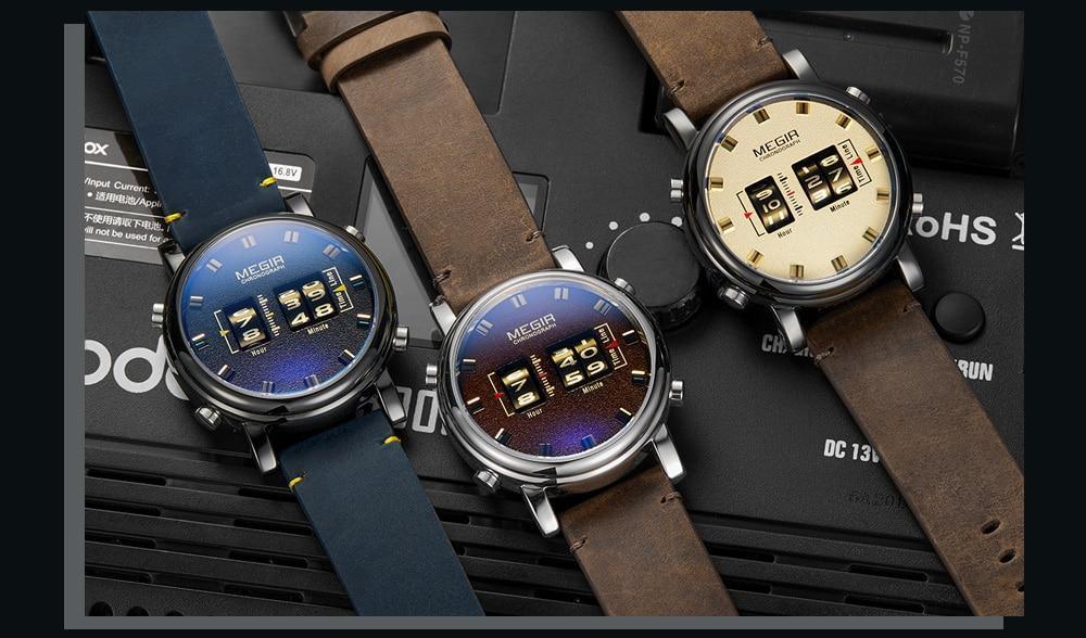 Nouvelles Montres Sport Militaires Luxe Bracelet en Cuir Marron Montre-Bracelet à Quartz Montre à Rouleau Élégante pour Hommes