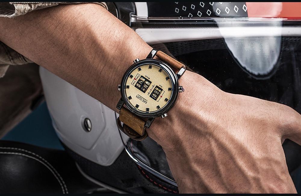 Nouvelles Montres Sport Militaires Luxe Bracelet en Cuir Marron Montre-Bracelet à Quartz Montre à Rouleau Élégante pour Hommes