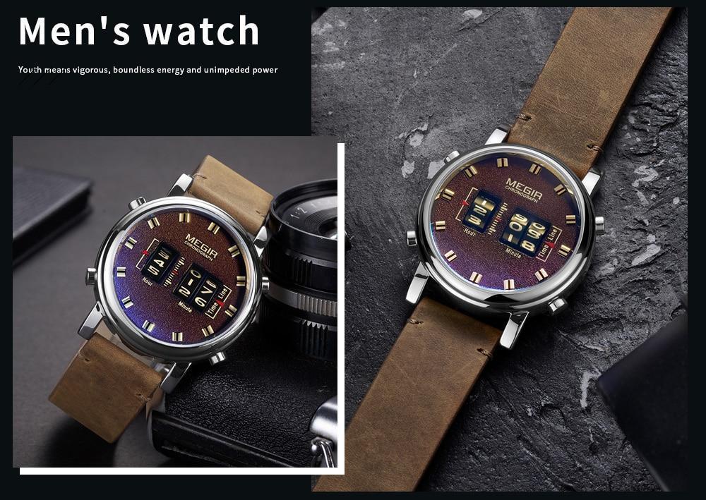 Nouvelles Montres Sport Militaires Luxe Bracelet en Cuir Marron Montre-Bracelet à Quartz Montre à Rouleau Élégante pour Hommes