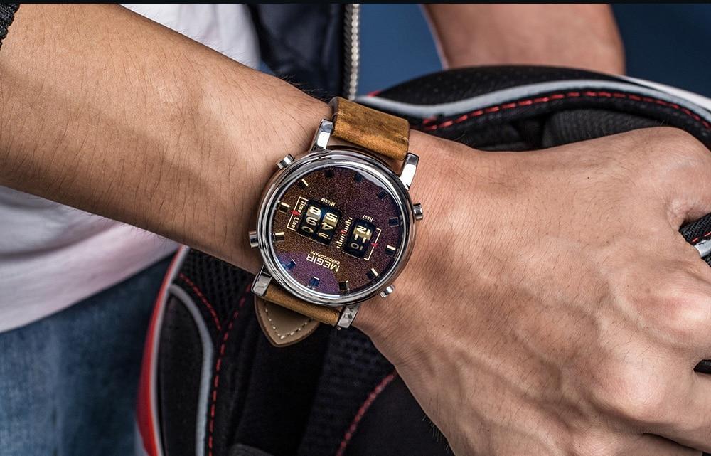 Nouvelles Montres Sport Militaires Luxe Bracelet en Cuir Marron Montre-Bracelet à Quartz Montre à Rouleau Élégante pour Hommes