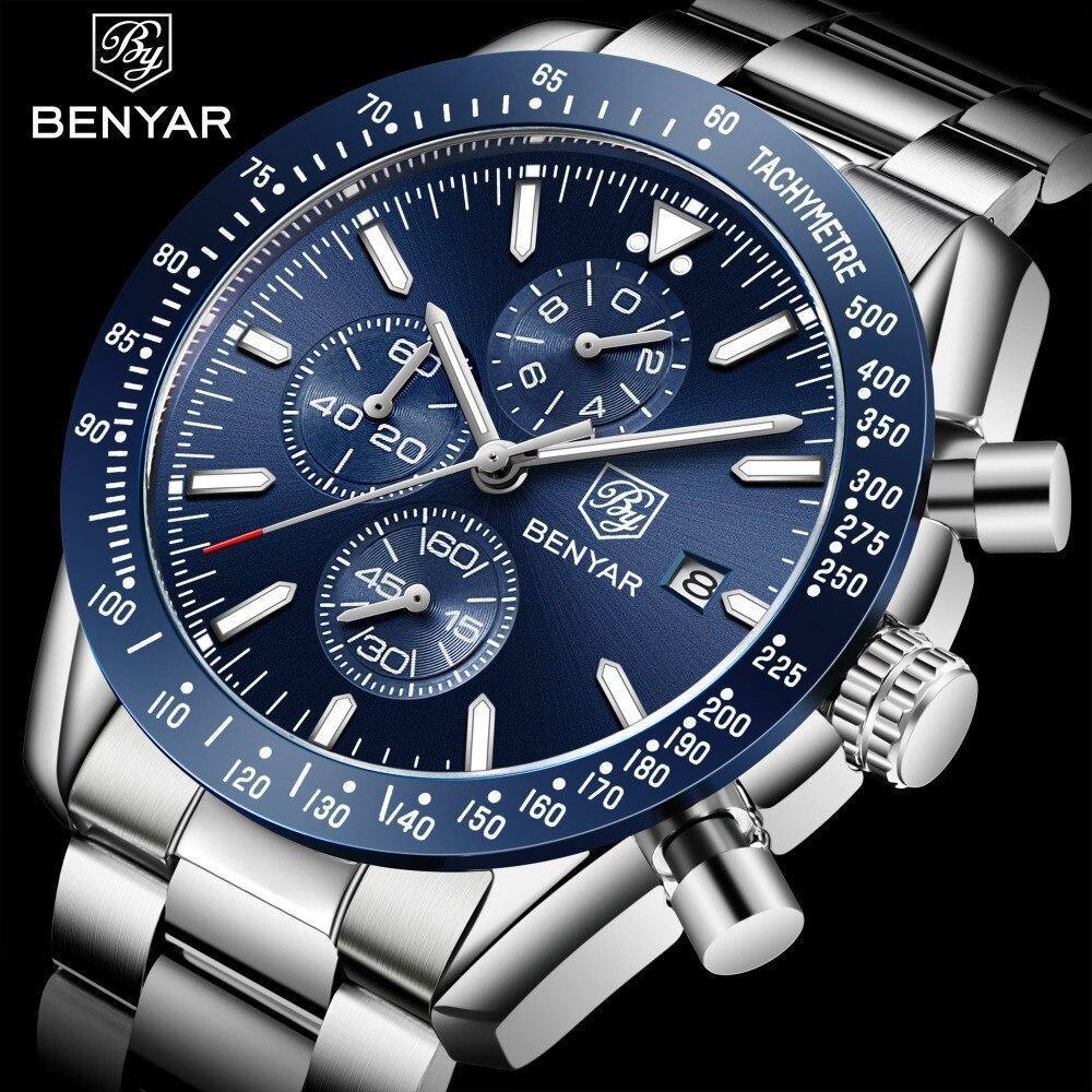 Nouvelle Montre Homme Argent Bleu Affaires Analogique Chronographe Acier Complet Luxe Décontracté Homme Étanche Sports Design Montres