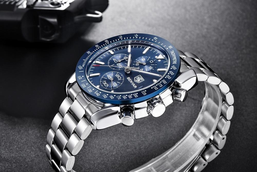 Nouvelle Montre Homme Argent Bleu Affaires Analogique Chronographe Acier Complet Luxe Décontracté Homme Étanche Sports Design Montres