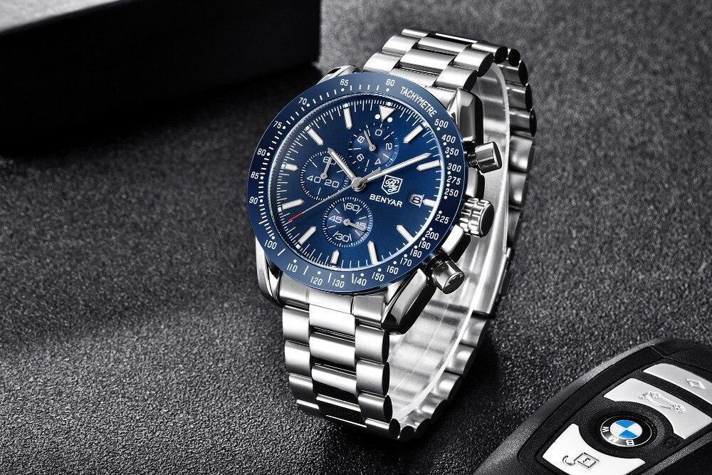 Nouvelle Montre Homme Argent Bleu Affaires Analogique Chronographe Acier Complet Luxe Décontracté Homme Étanche Sports Design Montres