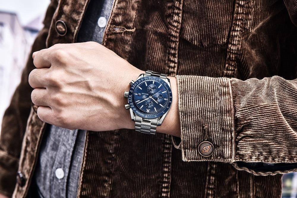 Nouvelle Montre Homme Argent Bleu Affaires Analogique Chronographe Acier Complet Luxe Décontracté Homme Étanche Sports Design Montres