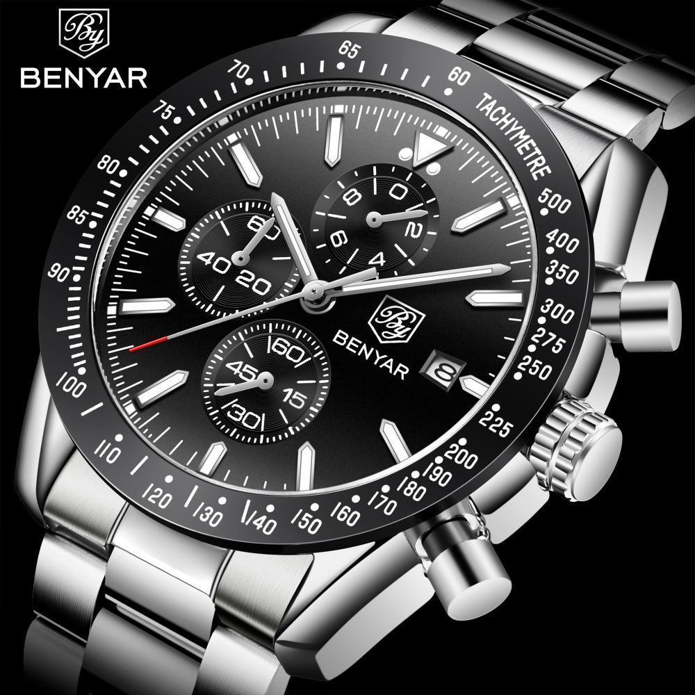 Nouvelle Montre Homme Argent Bleu Affaires Analogique Chronographe Acier Complet Luxe Décontracté Homme Étanche Sports Design Montres