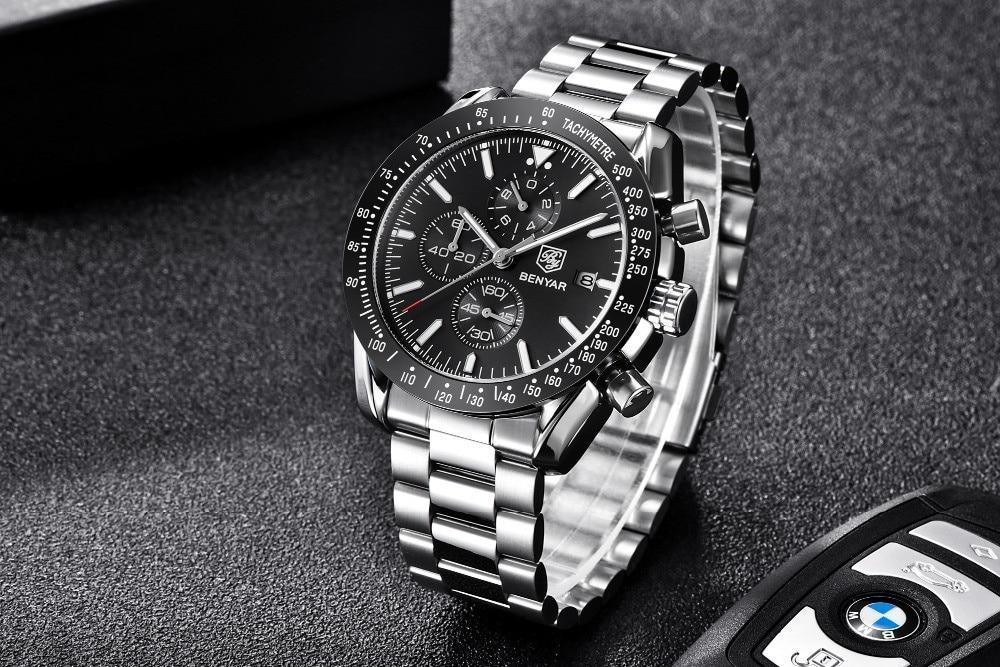 Nouvelle Montre Homme Argent Bleu Affaires Analogique Chronographe Acier Complet Luxe Décontracté Homme Étanche Sports Design Montres